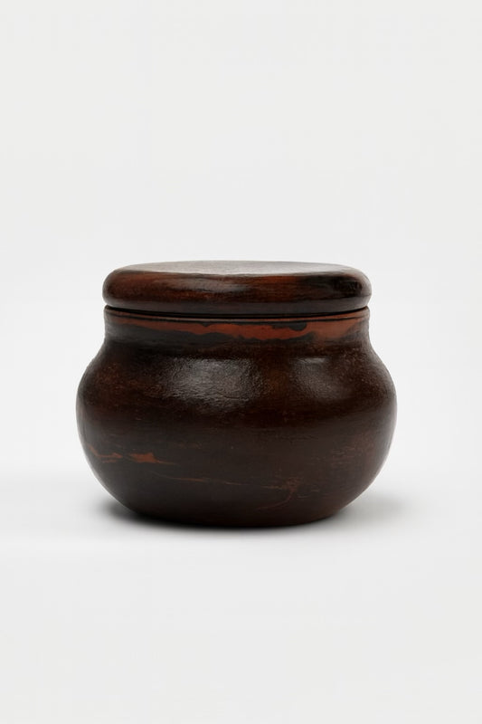 Squat dark brown glazed stoneware lidded pot with smooth fitted lid